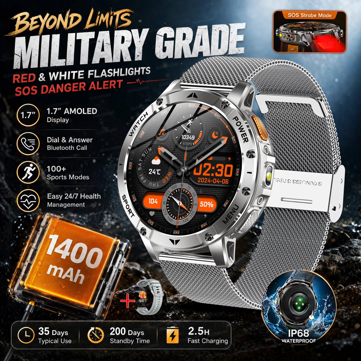 TANK Ultra Outdoor Smartwatch 1400mAh Battery Military Watches Waterproof Two-color Tactical LED Flashlight Men Sports Bracelet