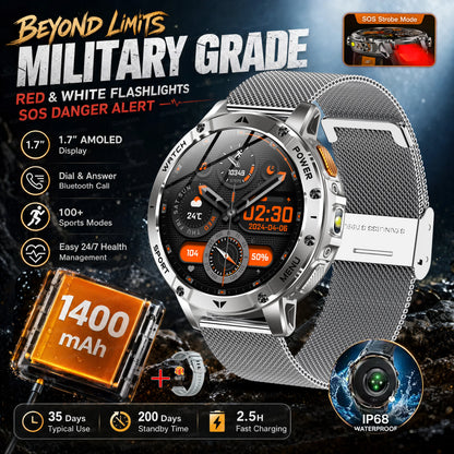 TANK Ultra Outdoor Smartwatch 1400mAh Battery Military Watches Waterproof Two-color Tactical LED Flashlight Men Sports Bracelet