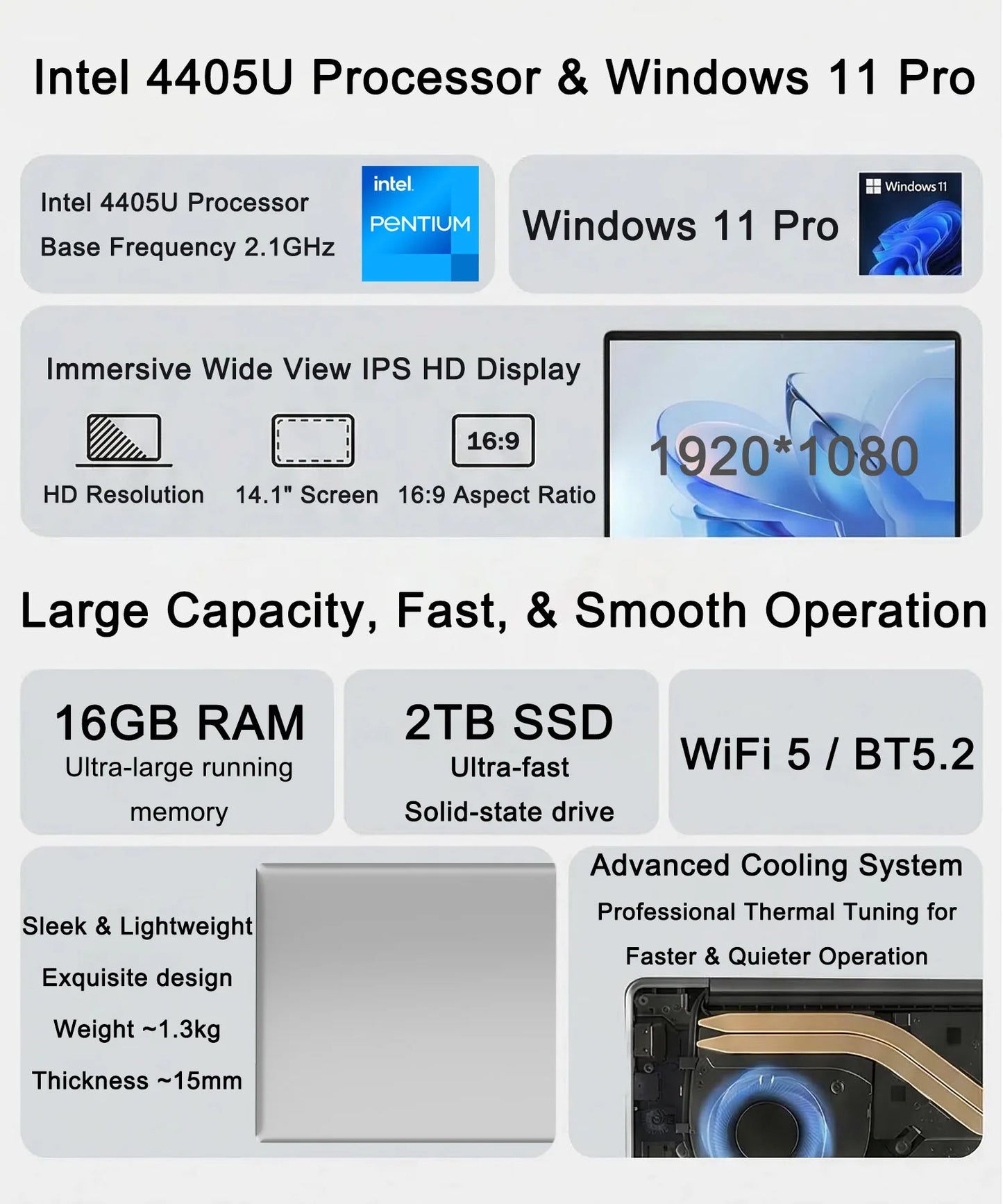 New Ultra Slim Laptop 14.1" 16GB RAM 2TB SSD Intel 4405U Gaming PC 1920*1080 Display Office Study Computer PC Windows 11 Pro