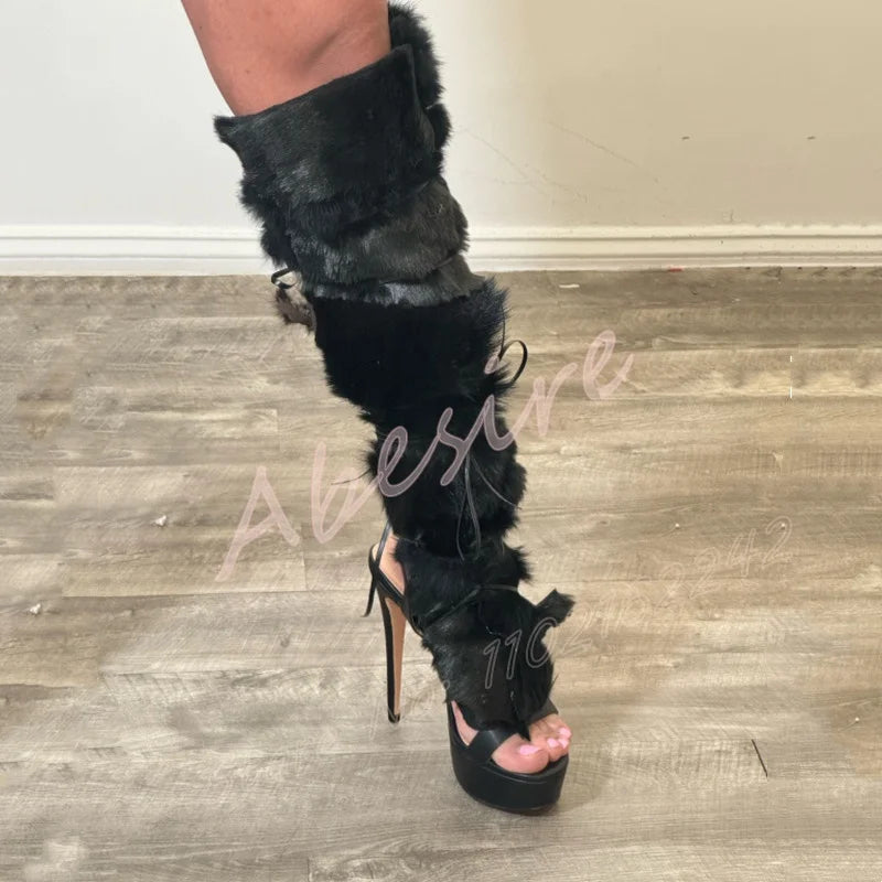 Black Faux Fur Lace Up Long Platform Shoes Round Toe Stiletto Cross Strap Sandals Women'S Sexy Nightclub Party Furry High Heels