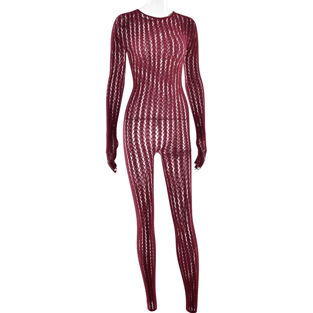 HLJ&GG Sexy Mesh Stretchy See Though Bodycon Jumpsuits Women Round Neck Long Sleeve Slim Playsuits Fashion Print Overalls 2025