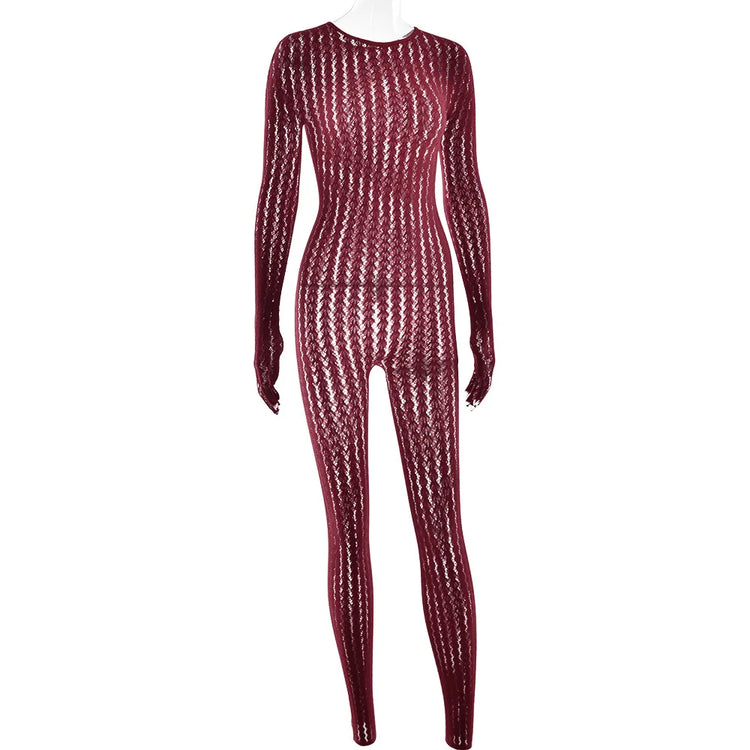 HLJ&GG Sexy Mesh Stretchy See Though Bodycon Jumpsuits Women Round Neck Long Sleeve Slim Playsuits Fashion Print Overalls 2025