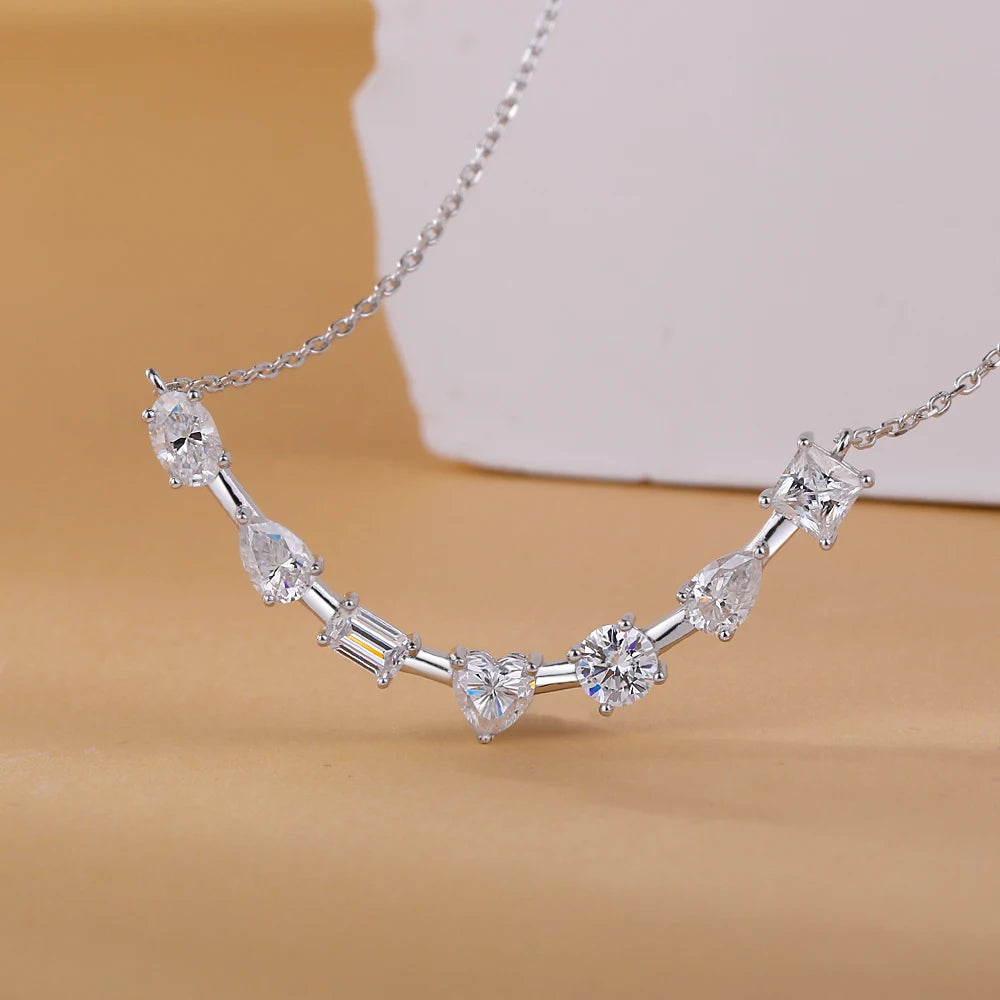 3.5cttw Multi Cut Moissanite Diamond Chain Necklace For Women Curved Shape Seven Stone Necklace S925 Silver Daily Wear Jewelry