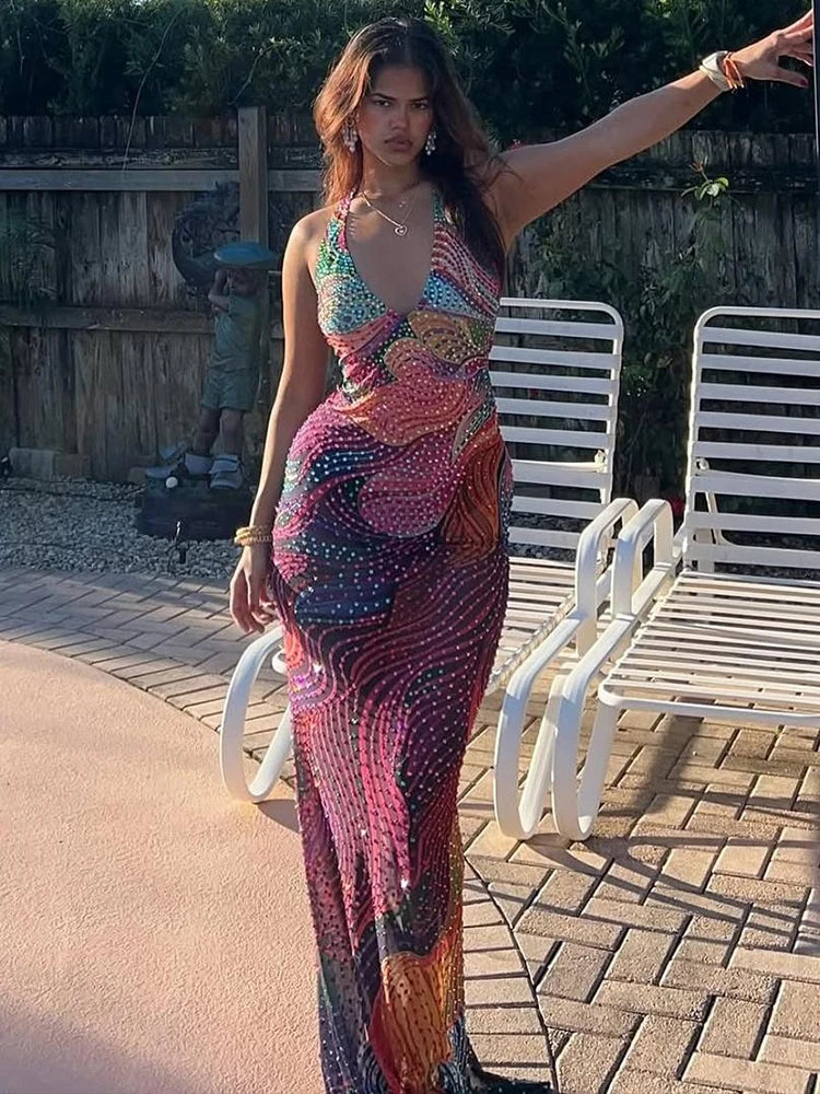 Weird Puss Diamond Print Dress Women Backless Split Colorful Halter Sexy Deep V-Neck Elegant Birthday Party Stretch Vestidos