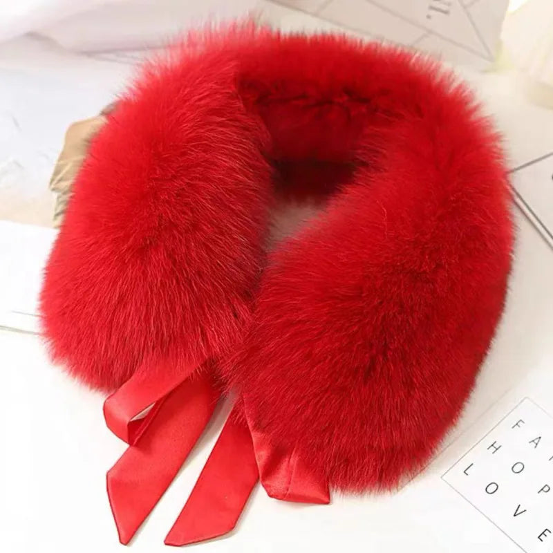 Winter Warm Fox Fur Collar Female Real Fur Collar Fashion Fluffy Clothing Accessories Collar Women Luxury Fur Scarf With Ribbons
