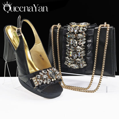 Queena Yan New Arrival Mature Elegant Silver Color Rhinestore Design Party Wedding Lady Shoes and Bag Set for Platform Design