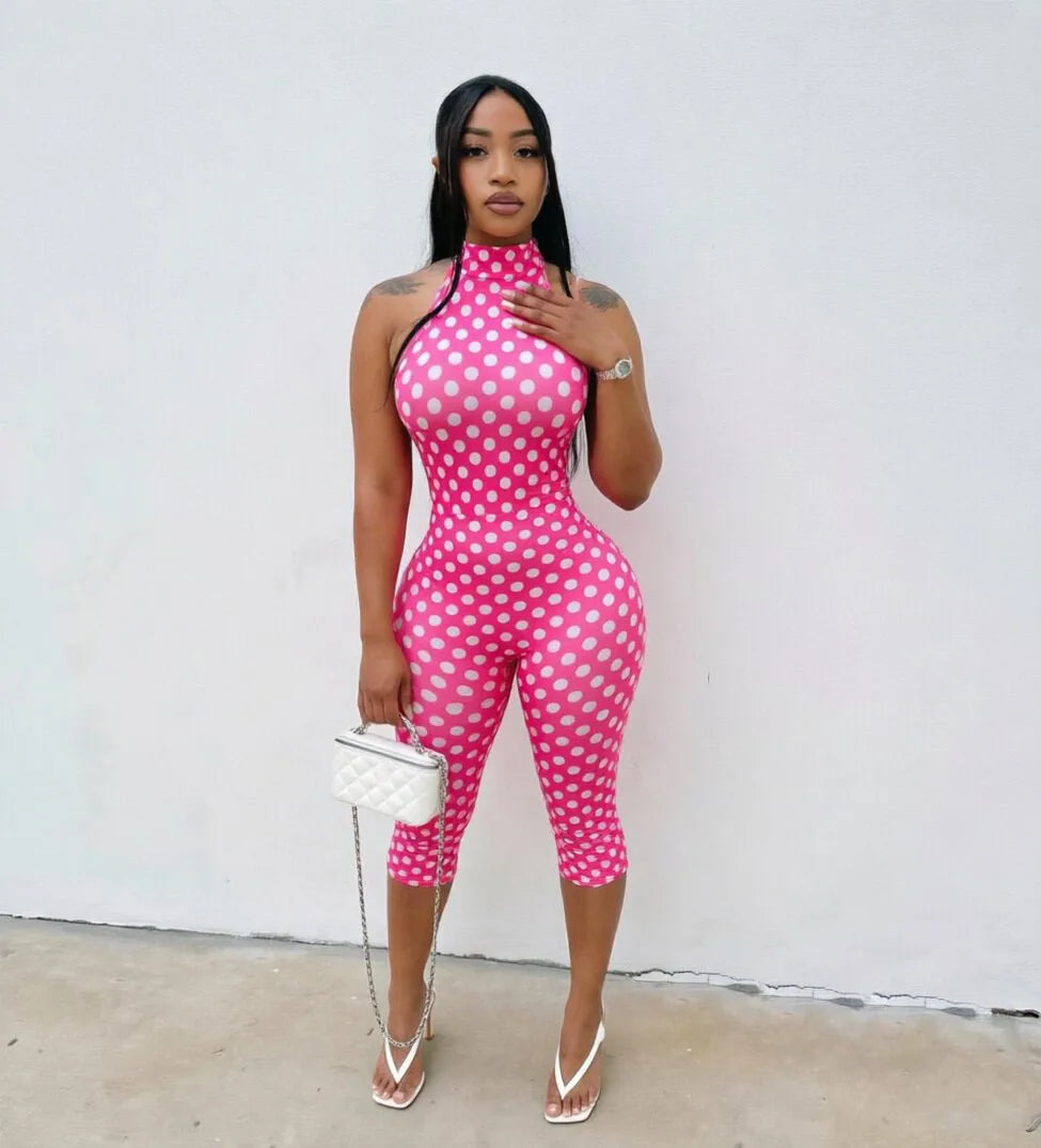 European and American New Style Women's Clothing Spring and Summer Polka Dot Print Elastic Halter Neck Backless Slim Fit Jumpsuit Women's Jumpsuit