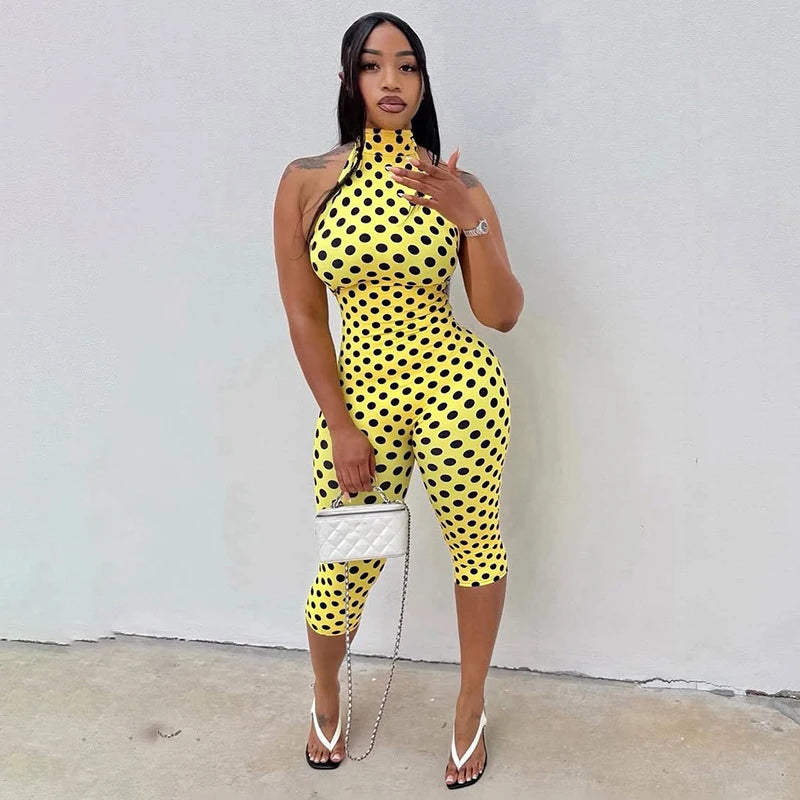 Spring Summer New Jumpsuits Playsuits Women's Backless Rompers Sexy Halter Sleeveless Lace-up Polka Dot Print Jumpsuits