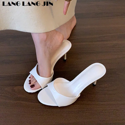 Women Slippers Sandals Fashion Round Open Toe Thin High Heels Mule Slides Summer Party Dress Pumps Shoe Comfortable Sandal Mujer
