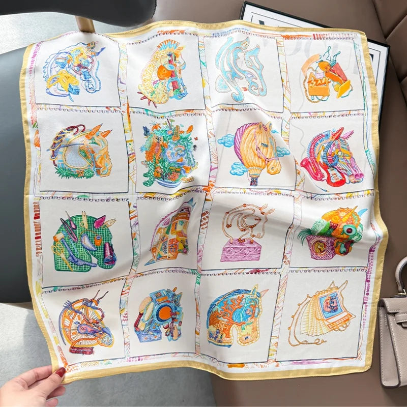 100% Mulberry Silk Square Scarf Horse Print Headscarf Bandana Neckerchief Neck Wrap Bag Accessory Fashion Foulard for Women