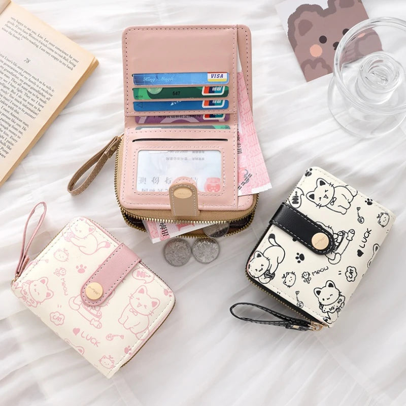 Cute Cat Coin Purse Women Fashion Short Wallet PU Leather Large Capacity Wallet Lightweight ID Card Holder Travel Cash Coin Bag