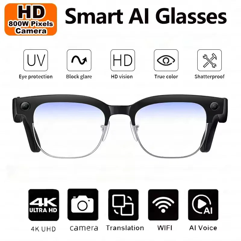 Smart AI Glasses 4K 8MP Camera Recording Videos Photo Recognition Answer Translation BT Call Photochromic Sunglasses Waterproof