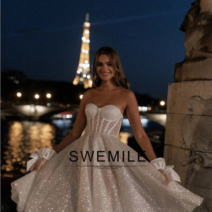 SWEMILE Glitter Short Wedding Dress A Line Sweetheart Neck Shiny Bride Dresses Mini Sweetheart Neck Vestido de novia Customized
