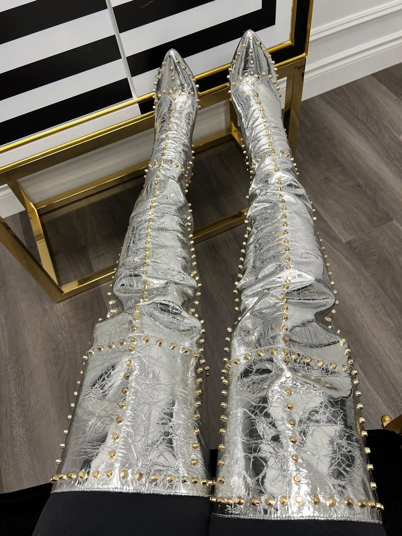 Sexy Green Blue Suede Gold Studs Women Over The Knee Boots Ladies High Heel Thick Slip On Point Toe Rivets Motorcycle Botas
