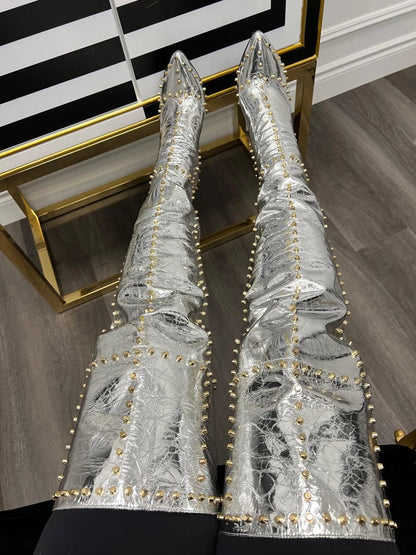 Sexy Green Blue Suede Gold Studs Women Over The Knee Boots Ladies High Heel Thick Slip On Point Toe Rivets Motorcycle Botas