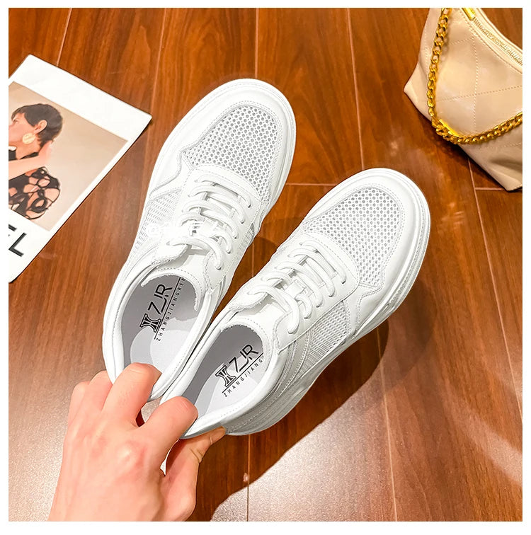 10-14cm Chunky Sneakers Women Platform Shoes Elevator Shoe White Mesh Breathable Sneakers Real Leather Increasing Shoes