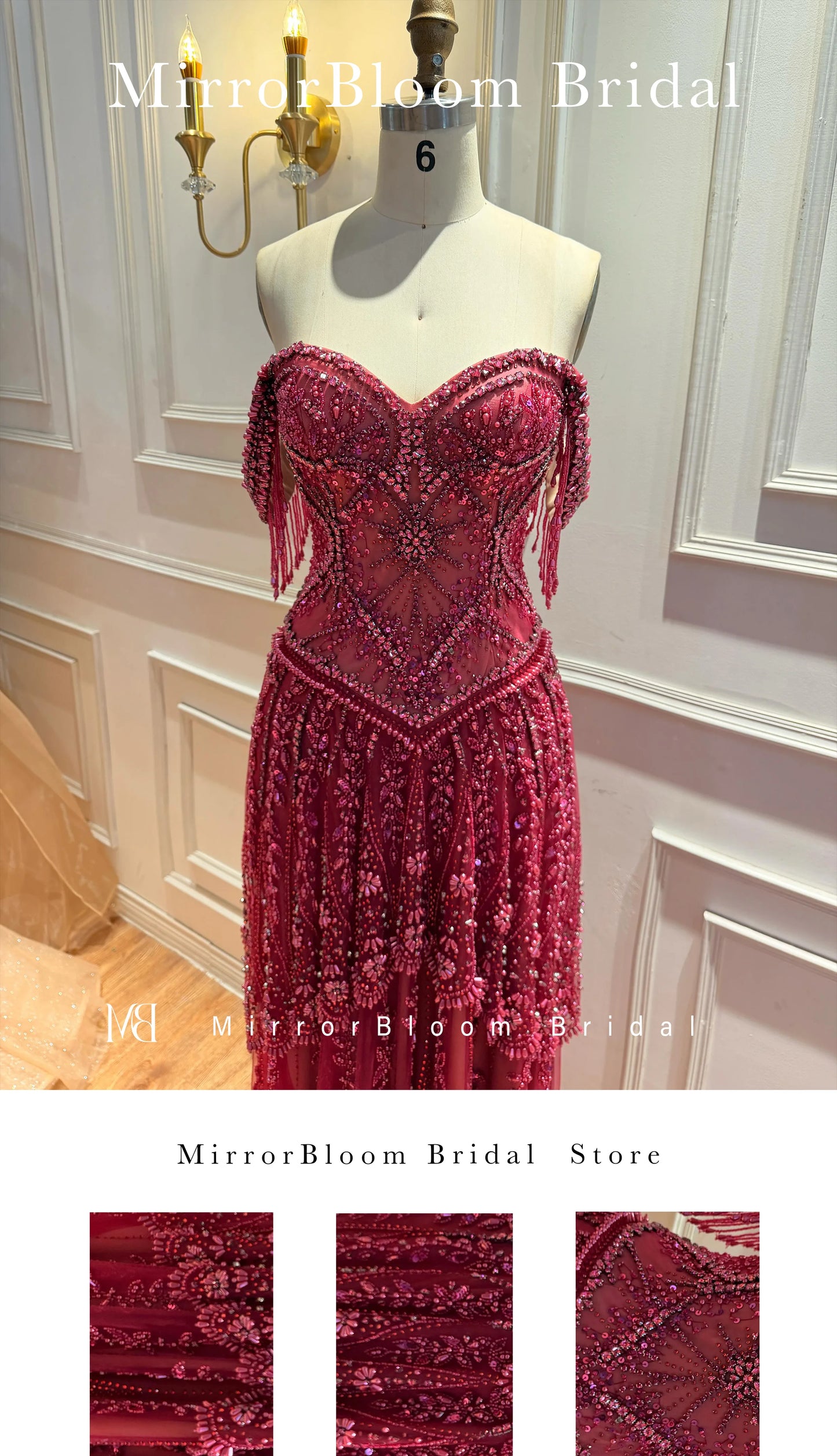 Red Off-the-Shoulder Strapless Sleeveless Floor-Length Formal Ball Gown Beadwork Embroidery Glowing Women's  Occasion Dress
