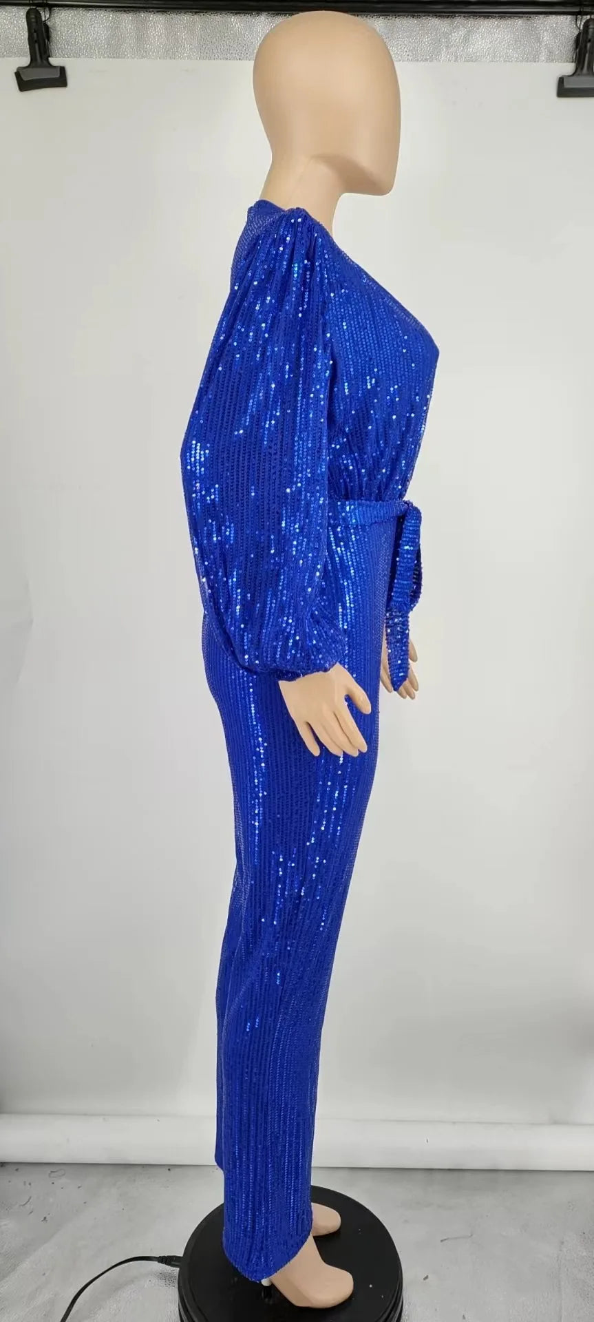 2026 Women's Elegant Sequined Jumpsuit Spring Summer Ladies Bling Bling V-neck High Waist Rompers Overalls with Lantern Sleeve