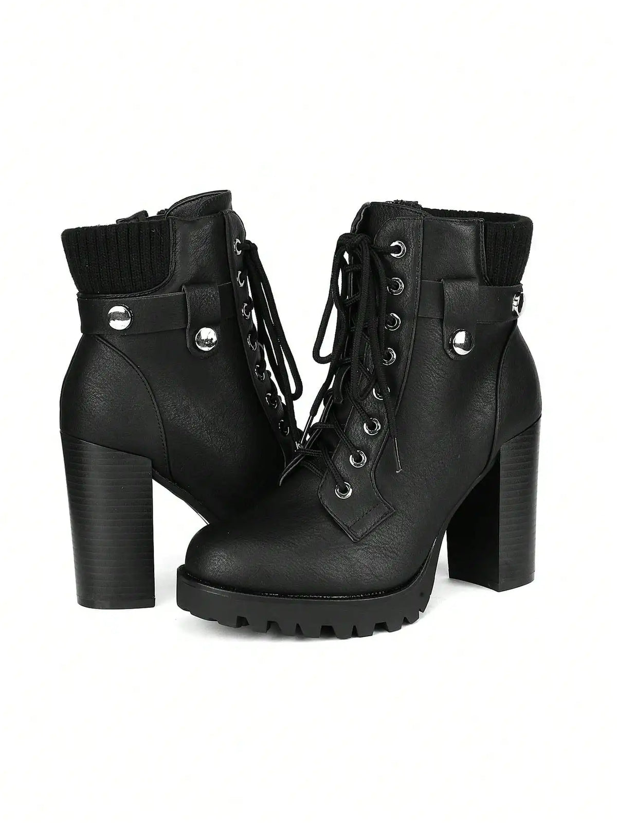 Women's Lace Up Combat Ankle Boots High Chunky Heel Fashion Heeled Booties Shoes Black Boots Ankle Boots