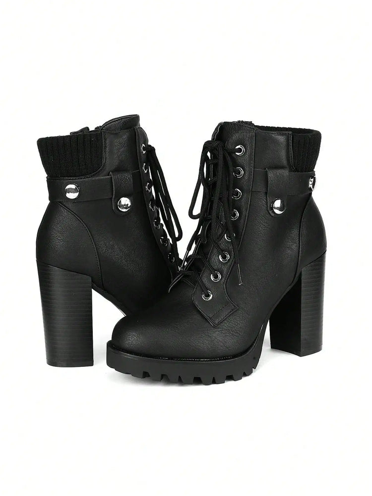 Women's Lace Up Combat Ankle Boots High Chunky Heel Fashion Heeled Booties Shoes Black Boots Ankle Boots