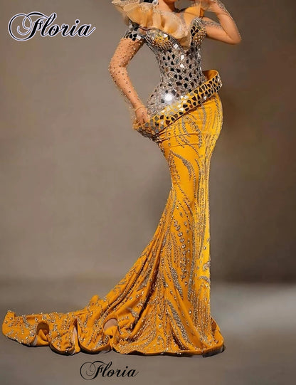 Full Heavy Handmade Gold Evening Dresses Beaded Long Sleeves Celebrity Dresses Prom Dresses Vestidos De Fiesta Customized 2026