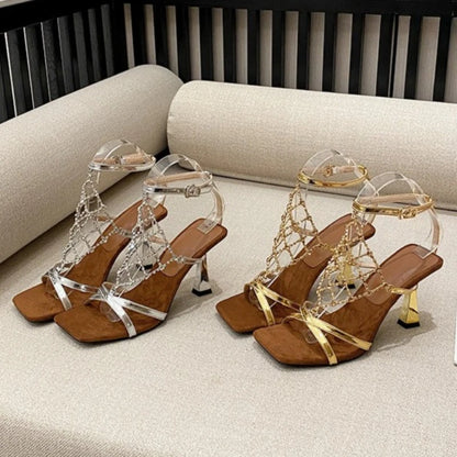 Luxury Gold Bling Rhinestone High Heeled Sandals Women Fashion Square Toe Cross Tied Designer Shoes Elegant Banquet Dress Shoes
