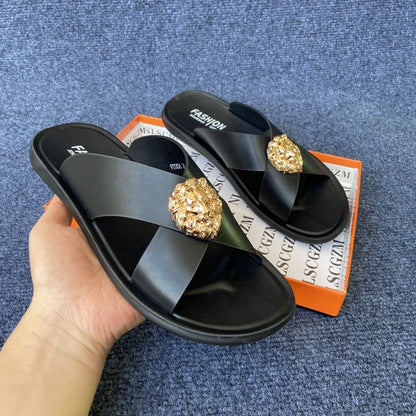 size38-48 original shoes brand summer leather slides for man black brown fashion shoes for mens slippers business beach slippers