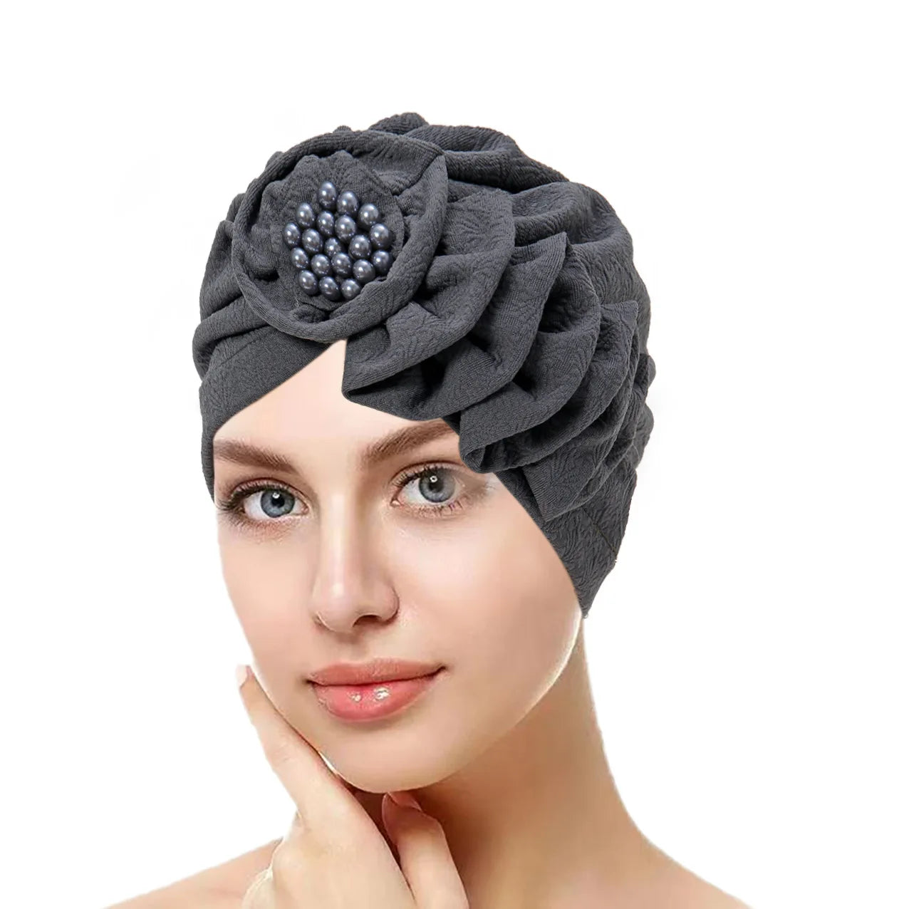 Solid Color Flowers Muslim Hijab Caps Beading Women Wrap Head Ramadan Ladies Fashion Headwear Turban Bonnet
