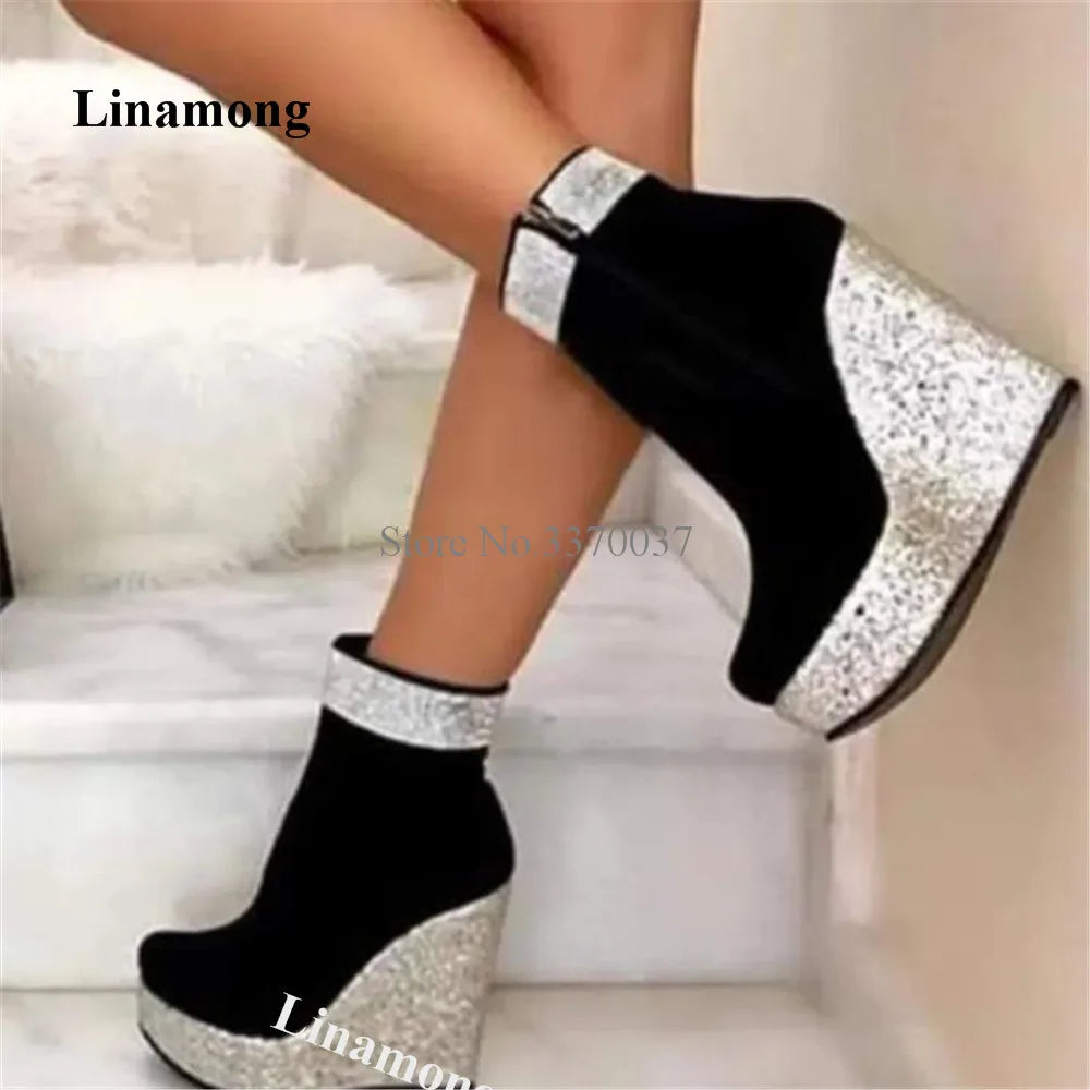 Bling Bling Glitter Platform Wedge Short Boots Linamong Sexy Silver Gold Sequined Patchwork Black Suede Ankle Wedge Booties
