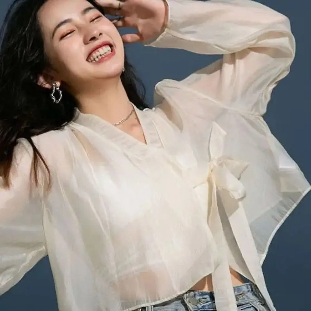 Hanfu Style Modal Ice Silk Shawl V-Neck Sheer Outerwear Long Sleeve Translucent Sun Protection Cardigan Women's Wear