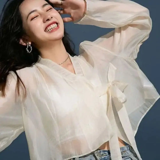 Hanfu Style Modal Ice Silk Shawl V-Neck Sheer Outerwear Long Sleeve Translucent Sun Protection Cardigan Women's Wear