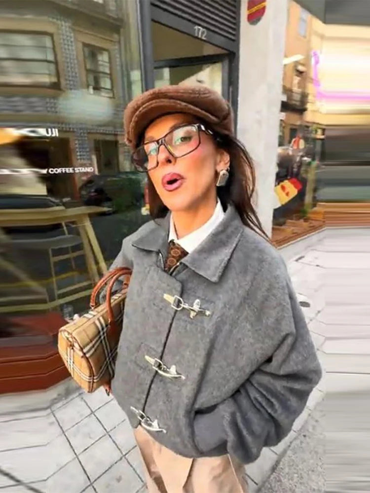 Women' S Vintage High Neck Jacket Metal Buckle Zipper Loose Coat Full Sleeve Outwears 2025 New Lady Fall Winter Streetwears