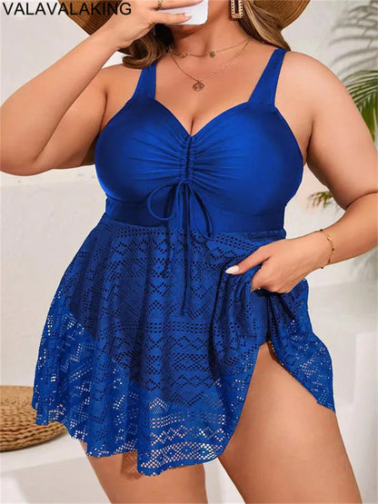 2026 Lace Patchwork Plus Size Swimwear Women Solid Strapped Large One Piece Swimsuit Brazilian Lady Chubby Curvy Bathing Suit