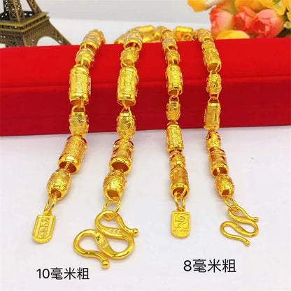 24K real gold hollowed out men's necklace with M buttons, men's boutique 9999 cylindrical necklace, light pearl gold jewelry
