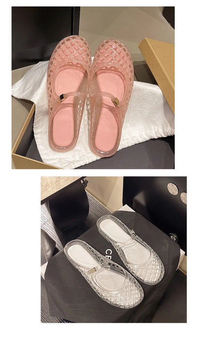 Women's Light Luxury Crystal Jelly Mary Jane Flat Sandals Hollow-out Breathable Closed Toe Summer Casual Non-slip Slip-on Shoes