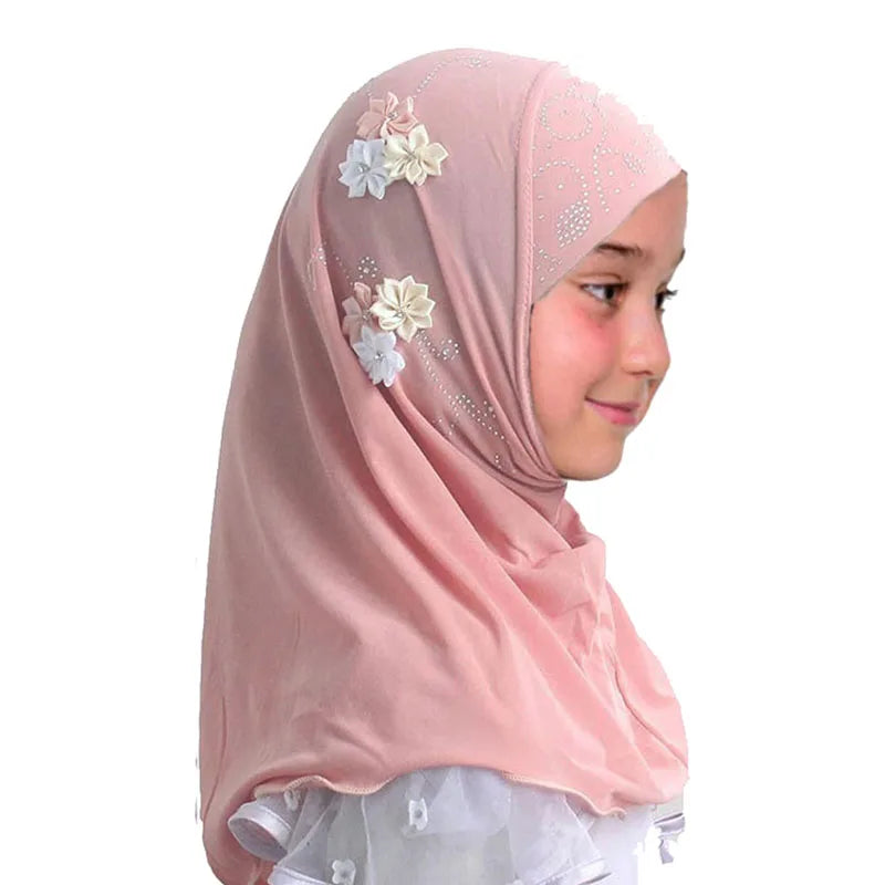 Kids Hijab for Girls Muslim Instant Hijabs Ready To Wear Islamic Shawls Turban with Flowers Scarfs Jersey Head Wrap (2-7 Y)