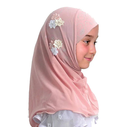 Kids Hijab for Girls Muslim Instant Hijabs Ready To Wear Islamic Shawls Turban with Flowers Scarfs Jersey Head Wrap (2-7 Y)