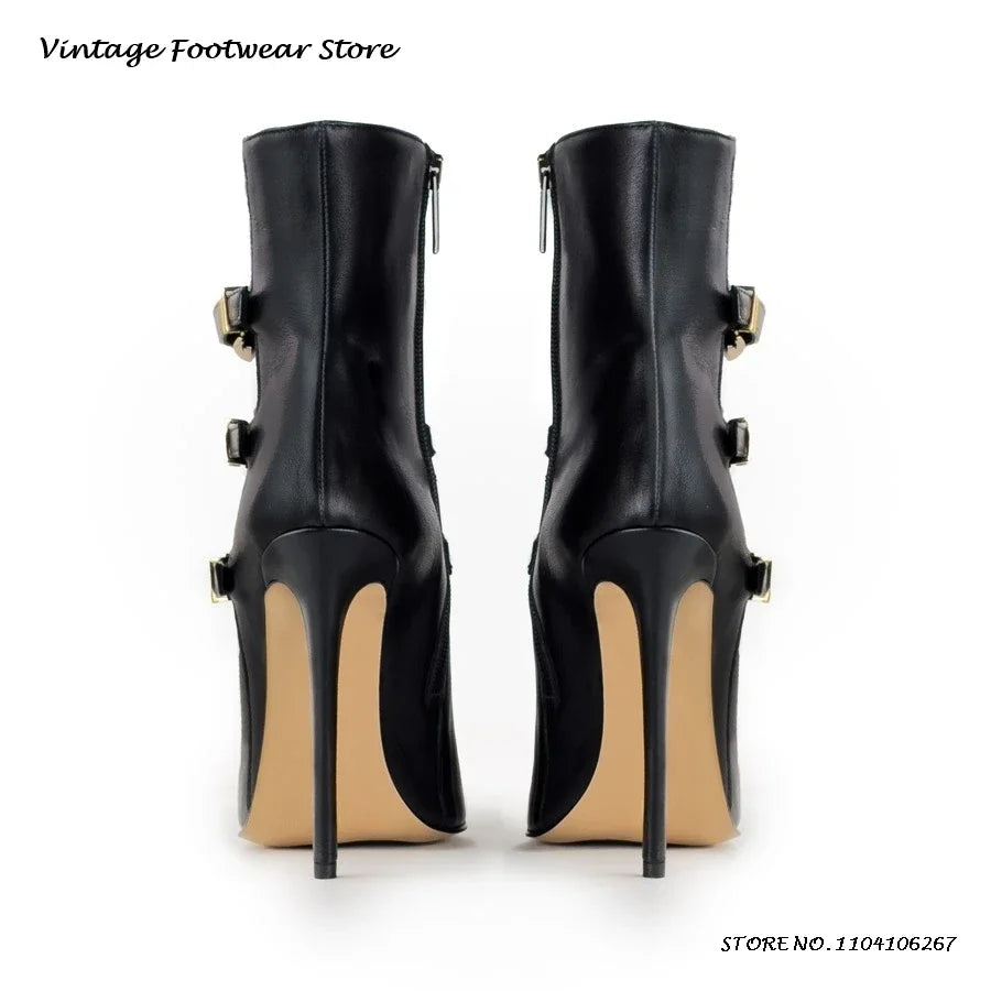 Triple Belt Buckle Leather Ankle Boots Sexy Pointed Toe 12cm High Stilleto Booties Women's Spring Autumn Side Zip Modern Boots
