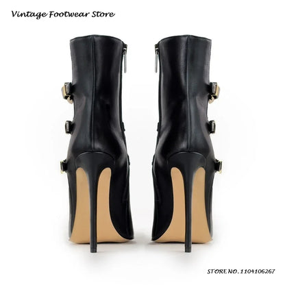 Triple Belt Buckle Leather Ankle Boots Sexy Pointed Toe 12cm High Stilleto Booties Women's Spring Autumn Side Zip Modern Boots
