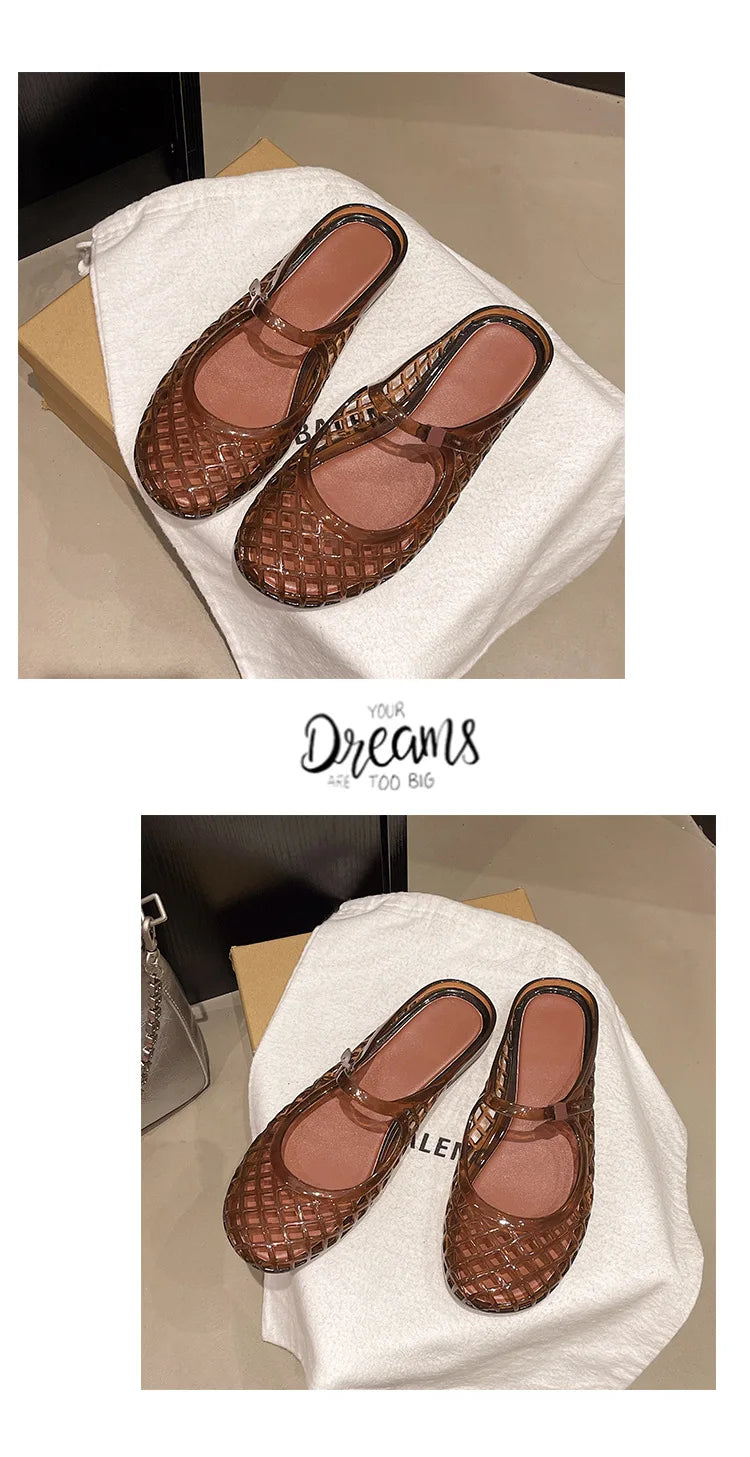 Women's Light Luxury Crystal Jelly Mary Jane Flat Sandals Hollow-out Breathable Closed Toe Summer Casual Non-slip Slip-on Shoes