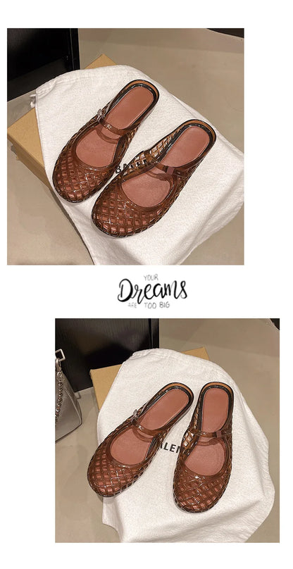 Women's Light Luxury Crystal Jelly Mary Jane Flat Sandals Hollow-out Breathable Closed Toe Summer Casual Non-slip Slip-on Shoes