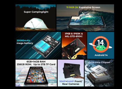 HOTWAV R9 Pro Global Dual 4G Rugged Tablet 11'' FHD+ 2K Large Display 20080mAh Massive Battery 20W Fast Charging Pad Android 14 6GB RAM 256GB ROM/2TB Expansion 64MP+16MP Camera Global 4G Tablet PC With Super Camping Light