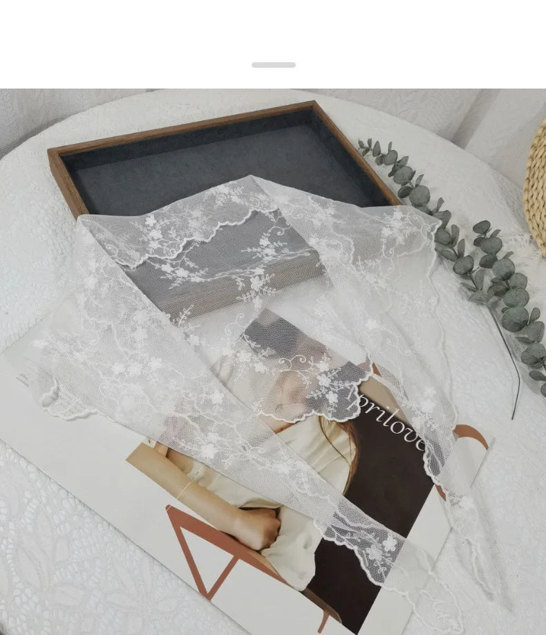 Lace Embroidered Silk Scarf Women's Long Neck Versatile Triangle Decorative Headscarf Korean Version Literary Yarn Shawl