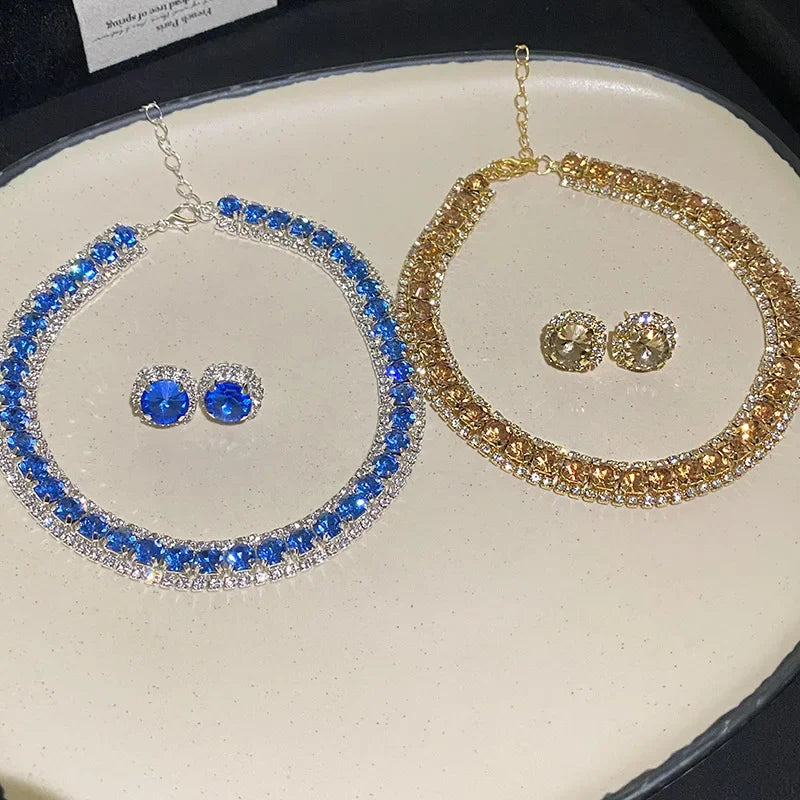 FYUAN Luxury Crystal Necklace Earrings Set Pink ABcolourful Necklace for Women Weddings Party Jewelry Sets Accessories