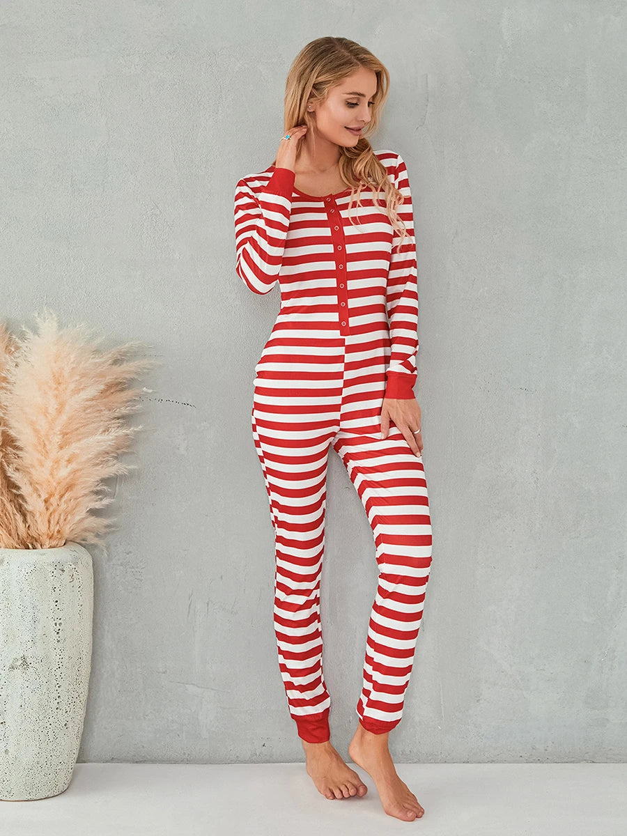 Christmas Women Sexy Bodycon Pajamas Rompers Striped Print Long Sleeve Button O Neck Jumpsuits Playsuits Sleepwear Loungewear