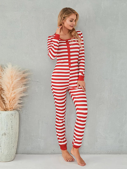 Christmas Women Sexy Bodycon Pajamas Rompers Striped Print Long Sleeve Button O Neck Jumpsuits Playsuits Sleepwear Loungewear