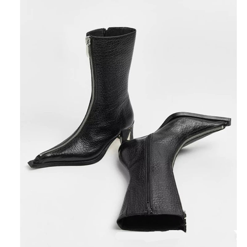 Women Black Cracked Pointed Toe Front Zipper Mid‑Calf Boots Geometric Block Heel Gothic Punk Fashion Boots Party Dress Shoes