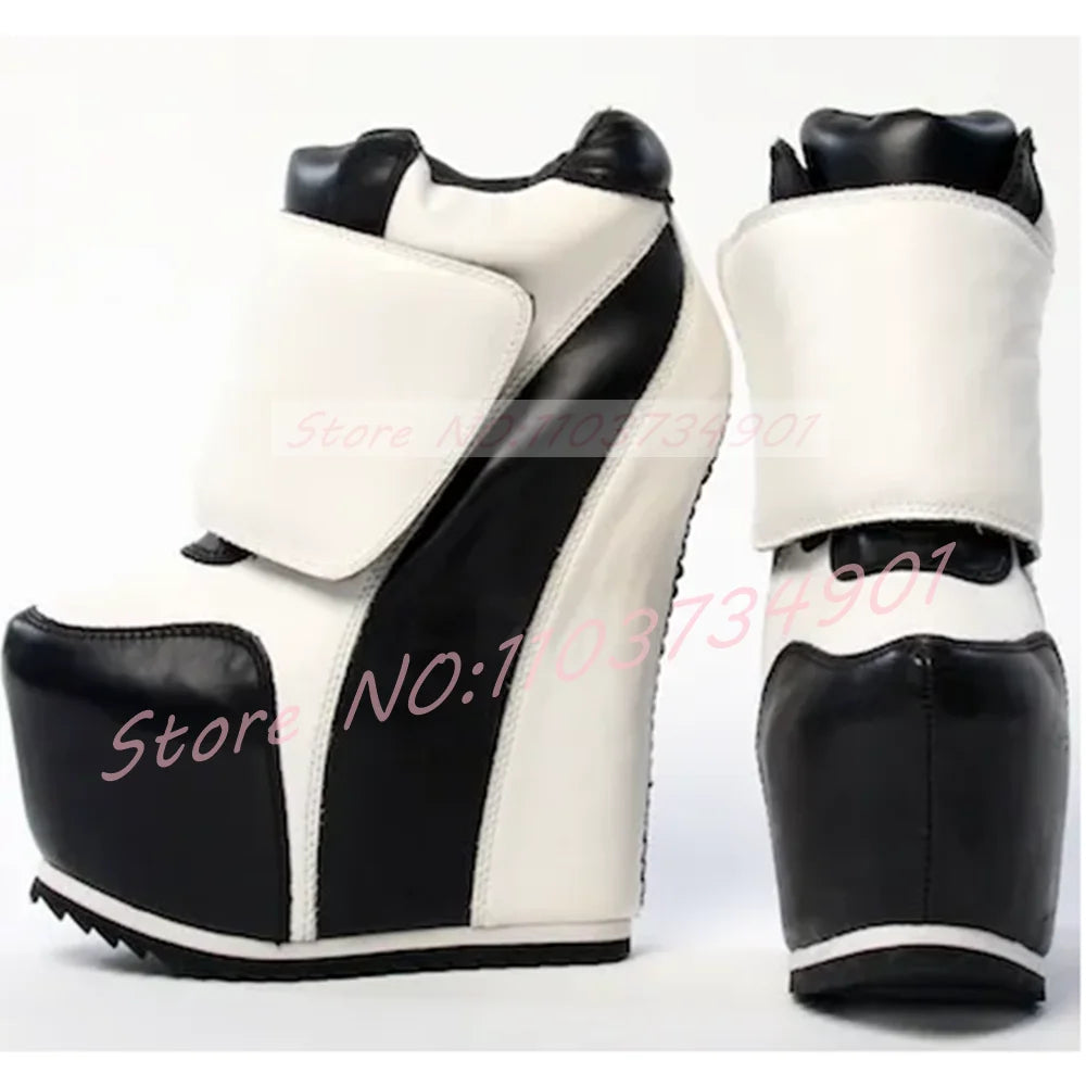 Gold Patchwork Platform Boots Women Round Toe Wedge Ankle Boots Ladies Hook Loop Closure Sneaker Heel Footwear