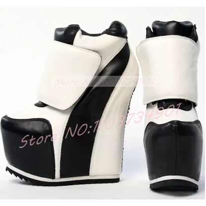 Gold Patchwork Platform Boots Women Round Toe Wedge Ankle Boots Ladies Hook Loop Closure Sneaker Heel Footwear