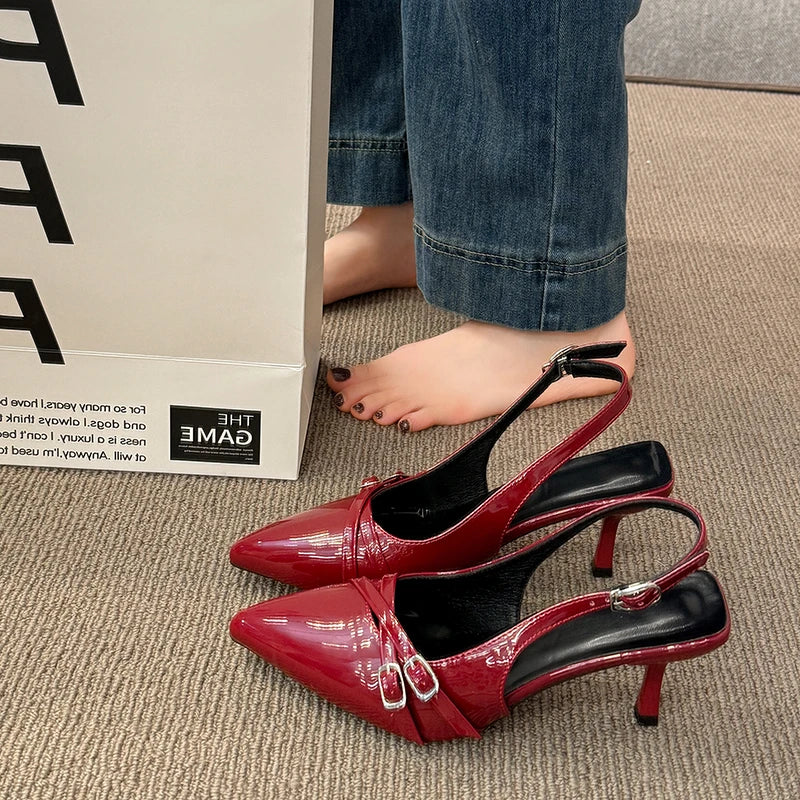 Women's Sandals Leopard Sexy High Heels Shoes Pointed Toe Luxury Pumps Slippers Woman Brand Dress Buckle Ladies De Flip Flops